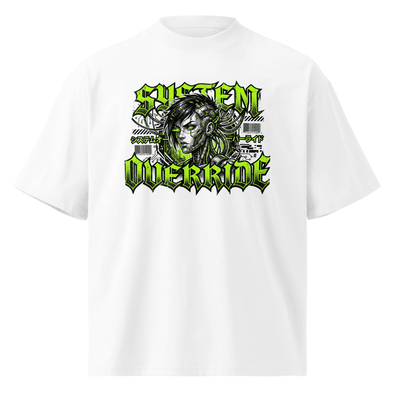 Cyberpunk System Override Shirt, Cyborg Girl Techwear Tee, Neon Green Sci-Fi Streetwear, Japanese Typography Futuristic Graphic T-Shirt