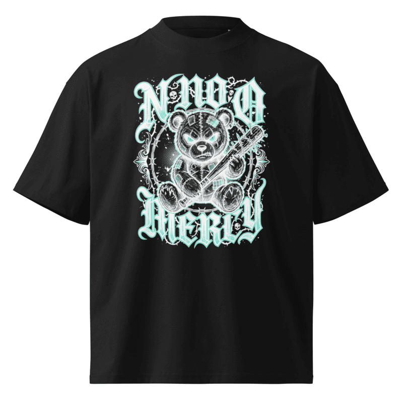 Dark Grunge "No Mercy" Bear Shirt, Ice Blue Gothic Teddy Graphic Tee, Punk Barbed Wire Streetwear, Edgy Alt Clothing